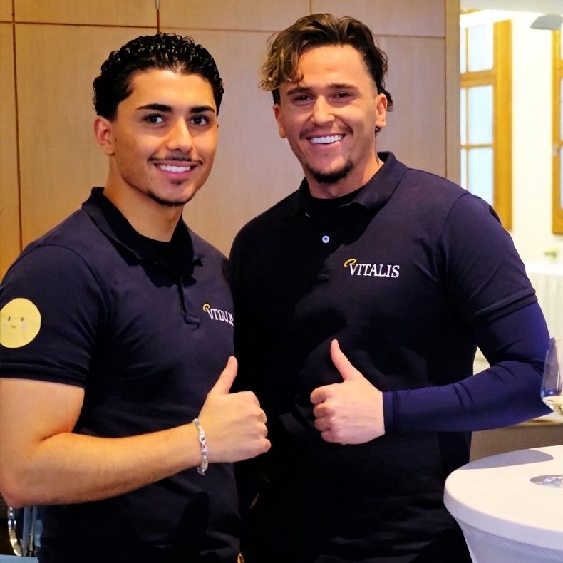 Karim Maghrebi und Marc Schubert, Gründer und Geschäftsführer von Vitalis Seniorendienst, beim Unternehmensevent in Vitalis-Polo